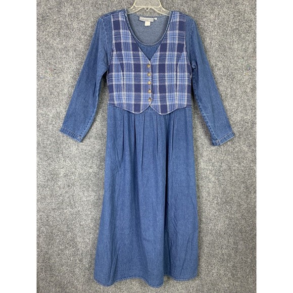 Carol Anderson Vintage Maxi Dress With Attached Button Vest Pockets Cotton Denim - Picture 1 of 13